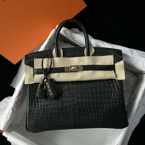 Hermès Birkin 25 Noir Matte Porosus Crocodile (^) with Rose Gold Hardware