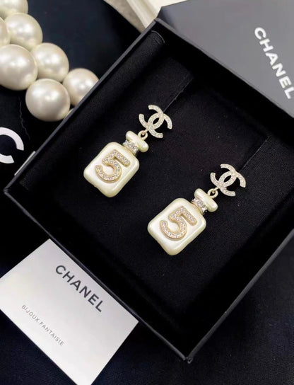 Chanel 22S No. 5 White Perfume Bottle Pendant Diamond Double C Earrings