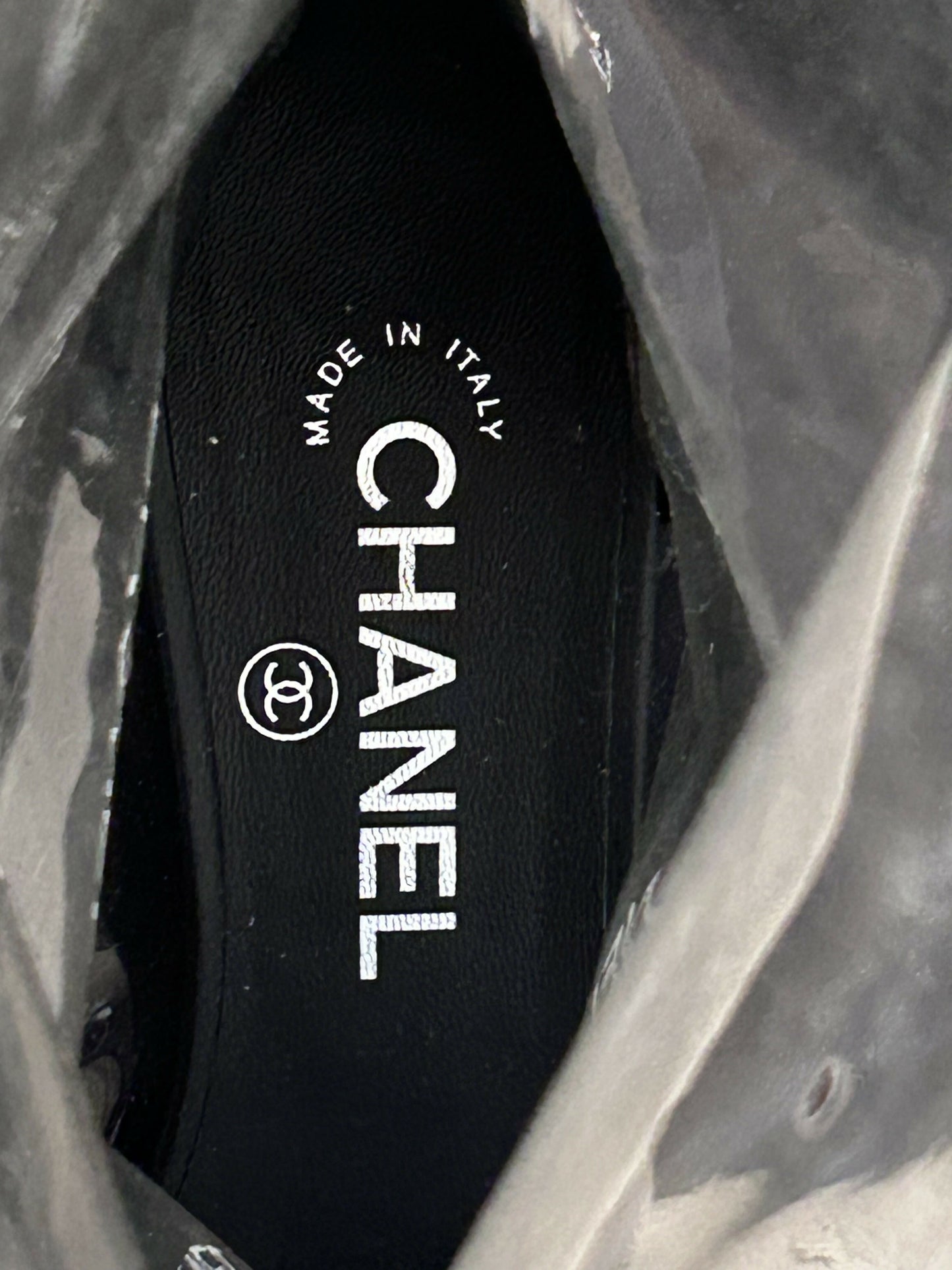 Chanel Transparent/Black PVC and Grosgrain Knee High Boots