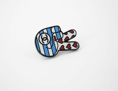 Chanel 16K Resin F "Victory Sign" Brooch in Blue White and Red