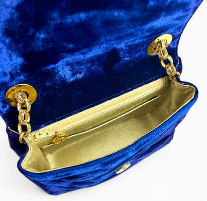 Chanel 1991-1994 Navy Blue Velvet Crystal 24K Bijoux Mini Square Chevron Classic Flap Bag