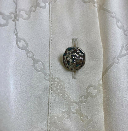 Chanel 23C Ecru Jacquard Silk CC Logo Velvet Bow Blouson Dress FR 40