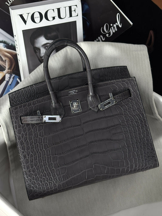 Hermès Birkin Sellier 25 Graphite Matte Mississippiensis Alligator with Palladium Hardware