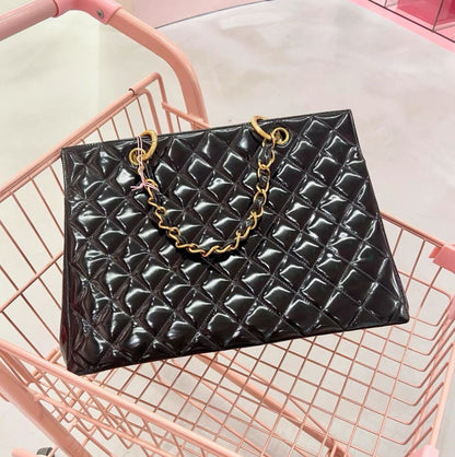 Chanel Black Quilted Patent Leather Large Tote Bag with Gold Hardware