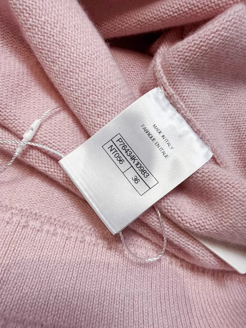 Chanel 24C pink and white cashmere knit dress with double C sequined logo badge