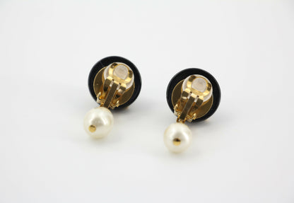 Chanel Vintage 96C Resin Dot Black Bean Imitation Pearl Dangle Clip-on Earrings