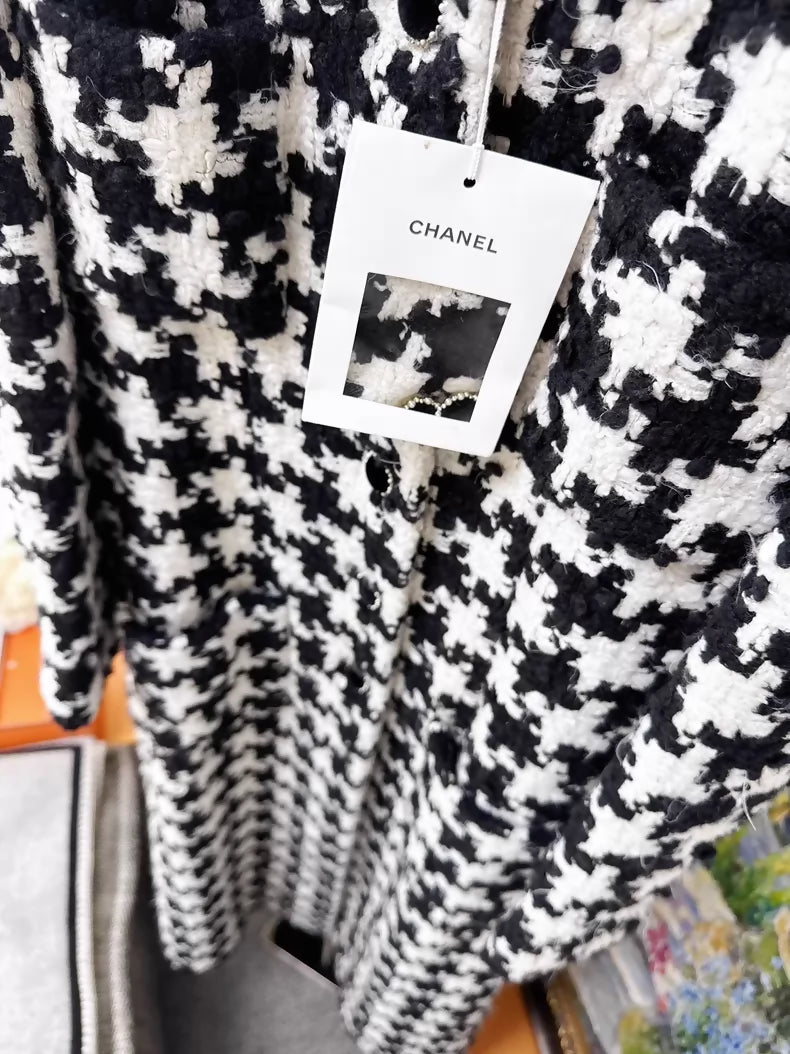 Chanel 21A Black and White Houndstooth Tweed Long Coat