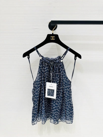 Chanel 25P blue silk top with all-over double C print
