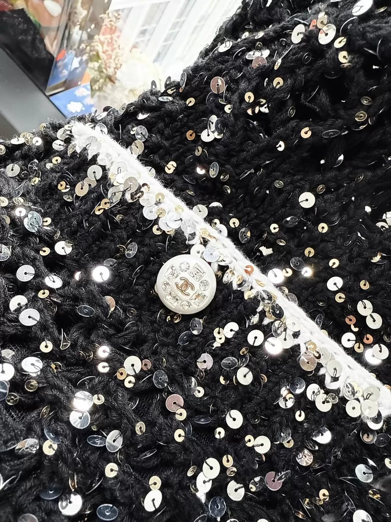 Chanel 23S black sequined knit cardigan with white piping