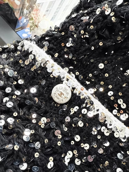 Chanel 23S black sequined knit cardigan with white piping