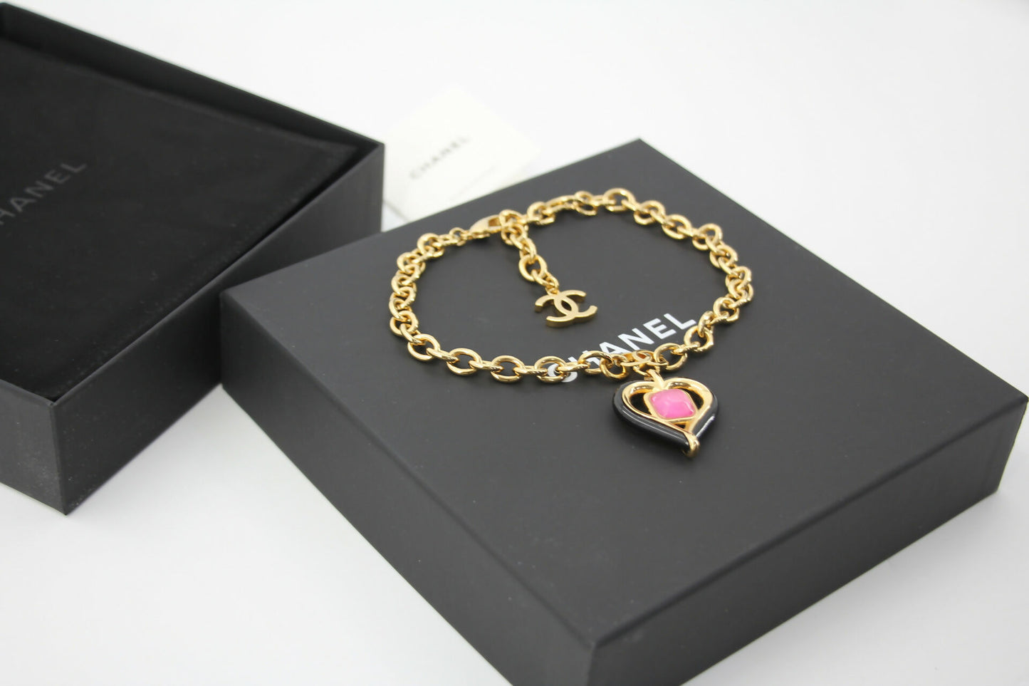 Chanel B23C Metal Black and Pink Heart-Shaped Pendant Gold Chain Necklace