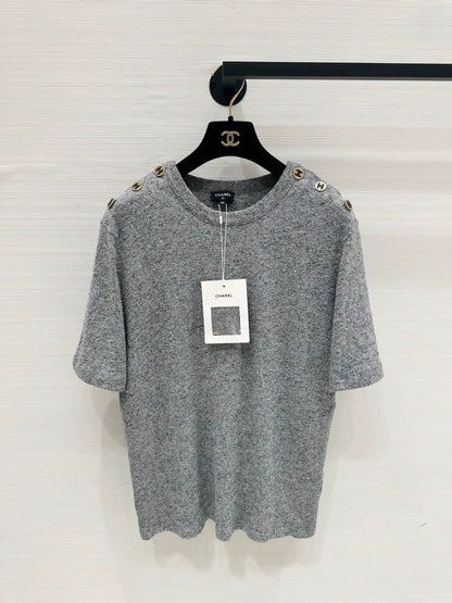 Chanel 26B Grey Shoulder Button Knit T-Shirt