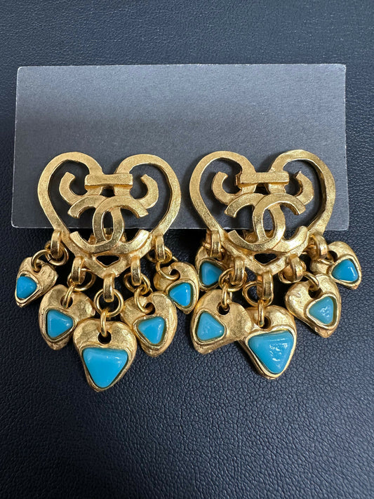 Chanel Vintage 95 Gripoix and Gold Plated CC Dangle Clip-on Earrings