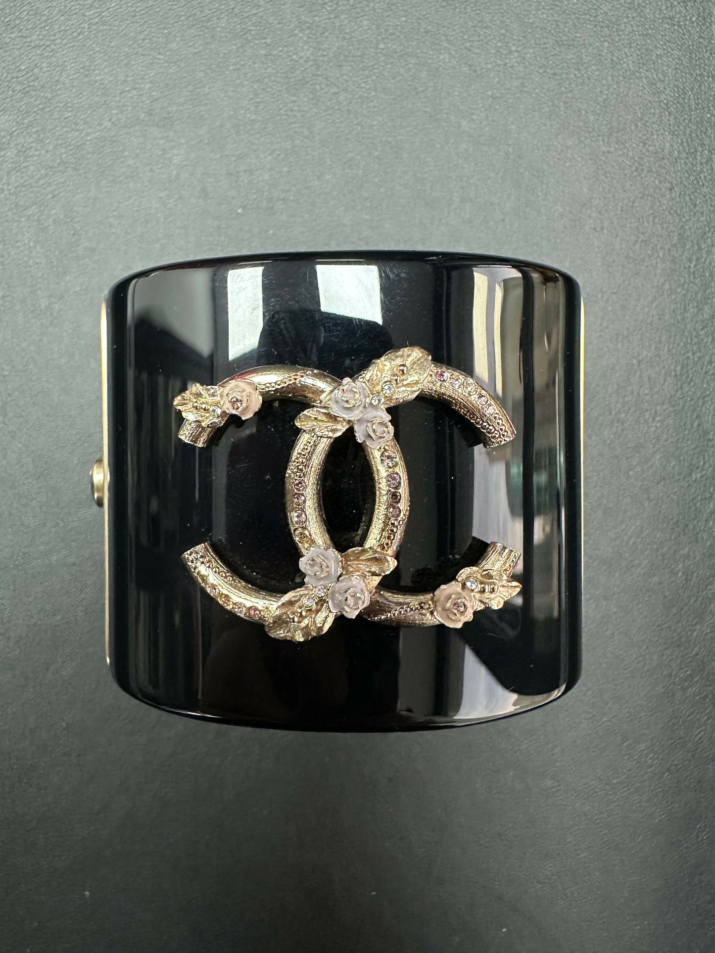 Chanel 13C Metal & Resin Black Flower Cuff Bracelet