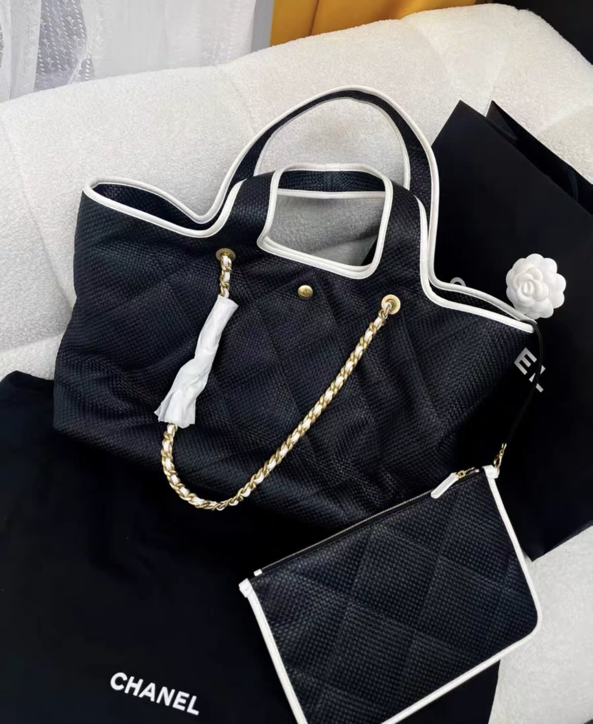 CHANEL 2023 Black Raffia Calfskin Coco Maxi Beach Shopping Tote w