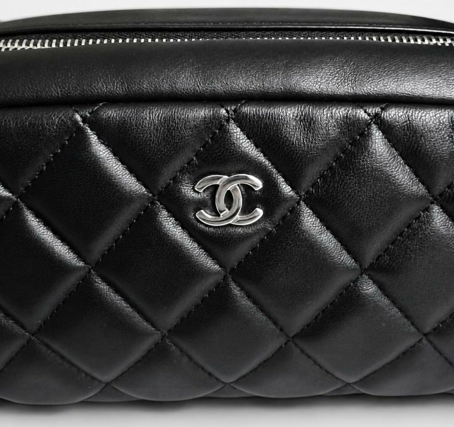 Chanel Black Lambskin Quilted Medium Rectangular Pouch Cosmetic Vanity Case Clutch