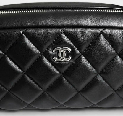 Chanel Black Lambskin Quilted Medium Rectangular Pouch Cosmetic Vanity Case Clutch