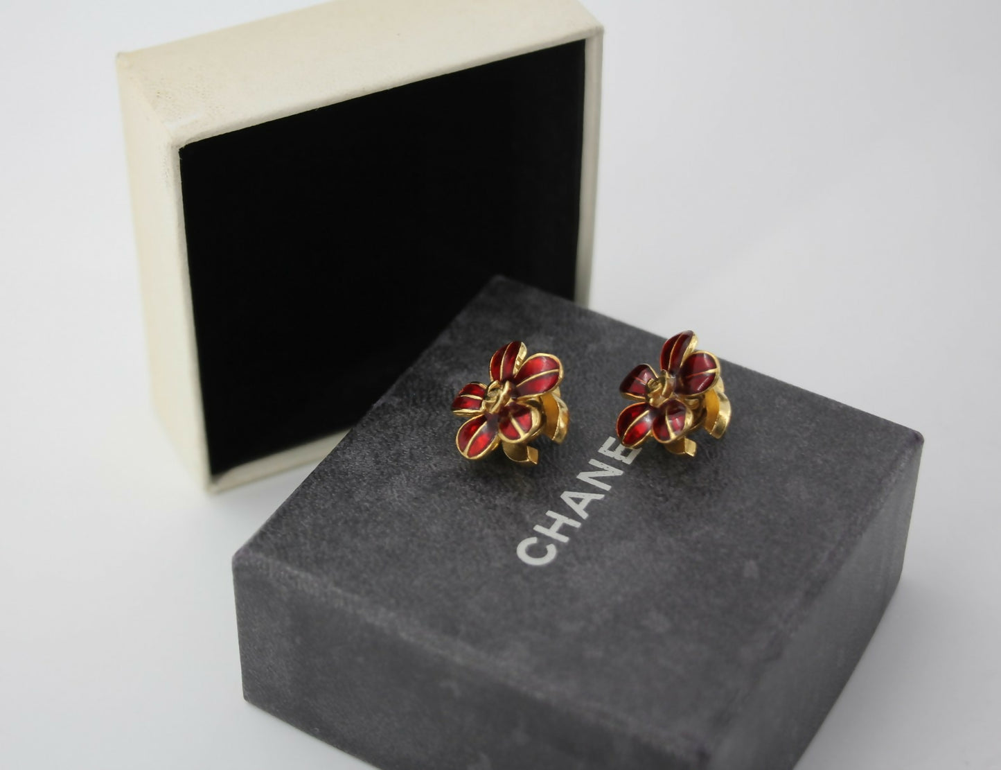 Chanel Vintage 03P Enamel Gold and Red Floral Stacked Stud Earrings