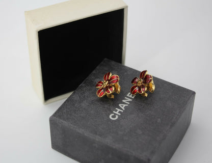 Chanel Vintage 03P Enamel Gold and Red Floral Stacked Stud Earrings