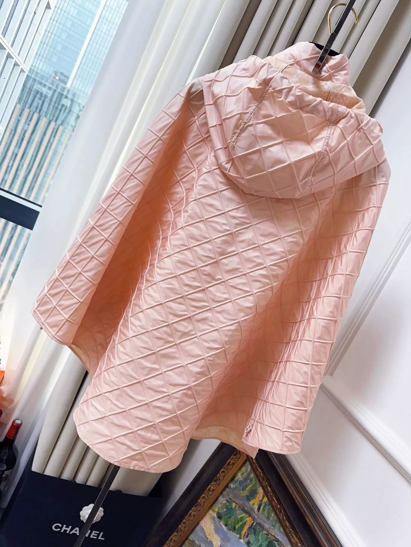 Chanel 25M coco beach orange pink diamond pattern hooded cape coat