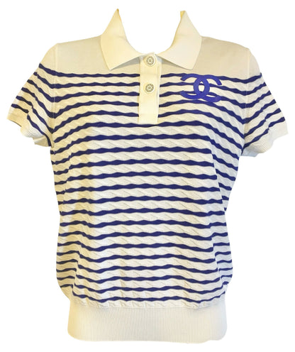 Chanel 19C La Pausa CC Wave Stripe Blue White Polo Shirt FR 36