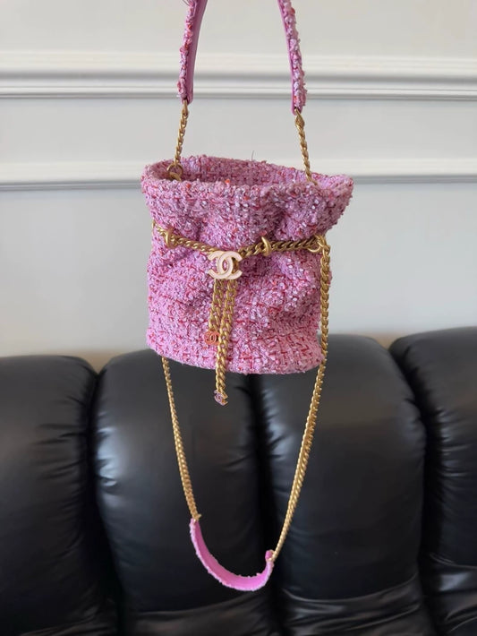 Chanel 22P Pink Tweed Bucket bag with gold hardware