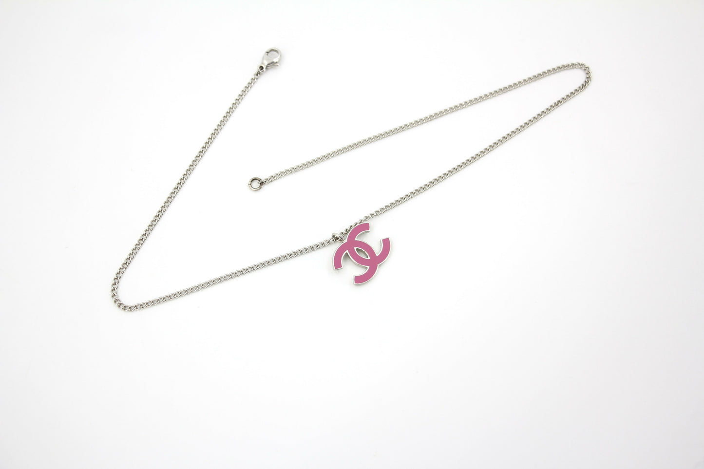 Chanel Vintage 04P Enamel Peach Pink CC Silver Chain Necklace