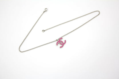 Chanel Vintage 04P Enamel Peach Pink CC Silver Chain Necklace