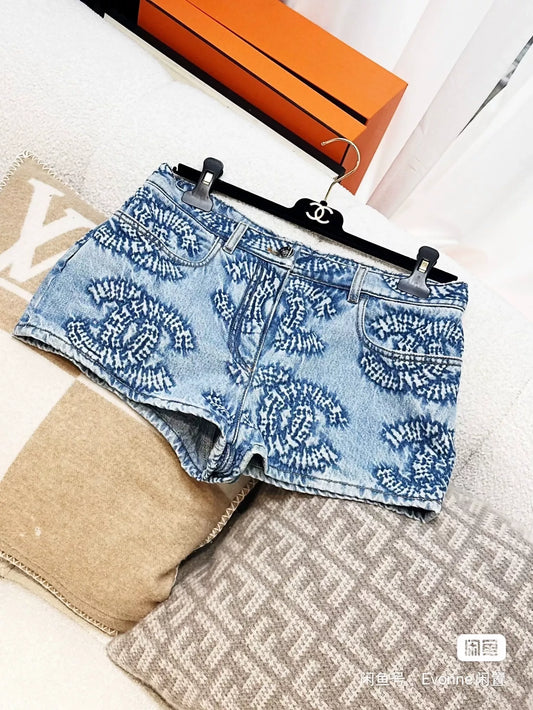 Chanel 24 blue washed denim shorts with embroidered double C logo