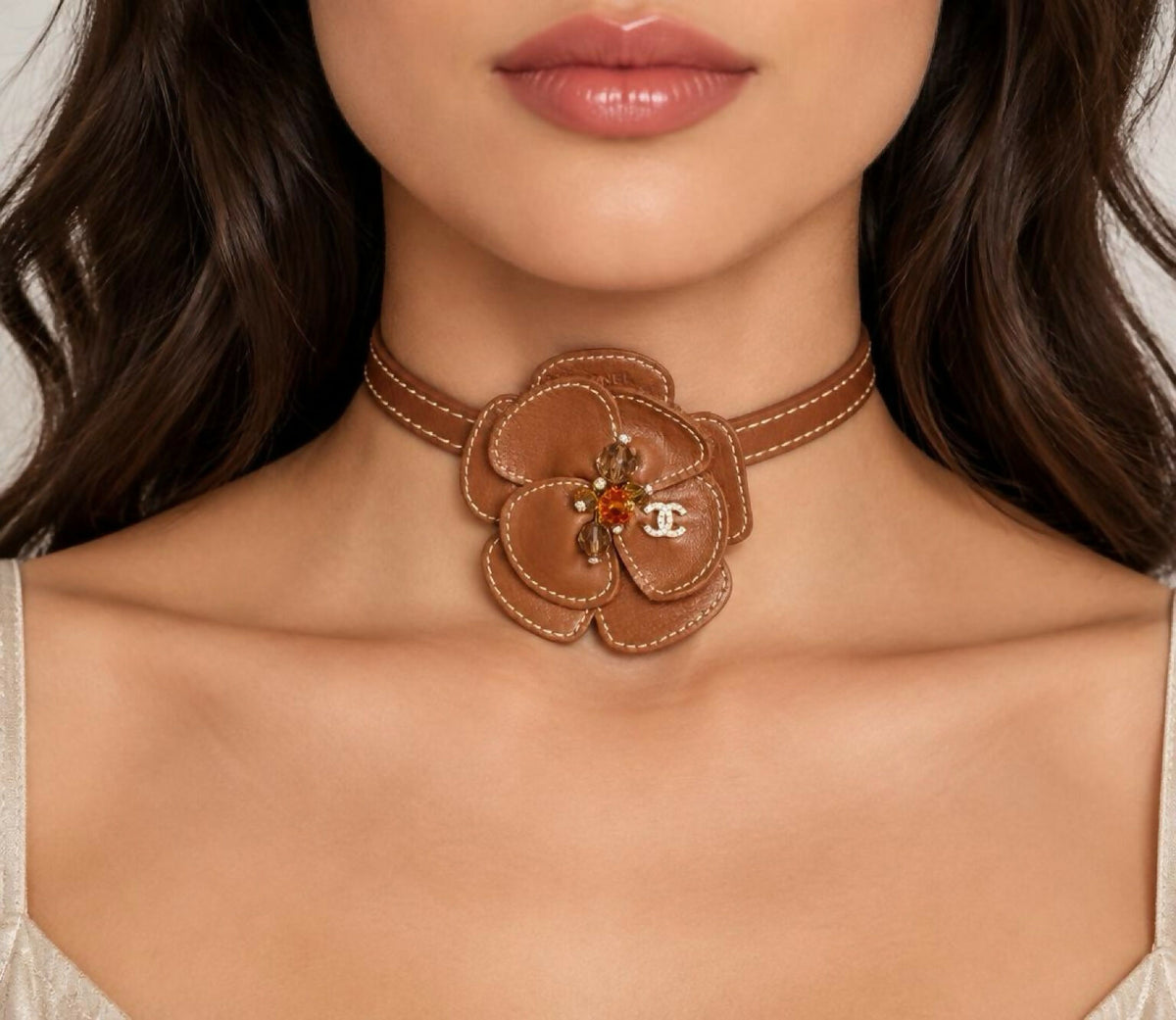 Chanel 05A Brown Camellia Beaded Leather Choker Statement Necklace/Bracelet