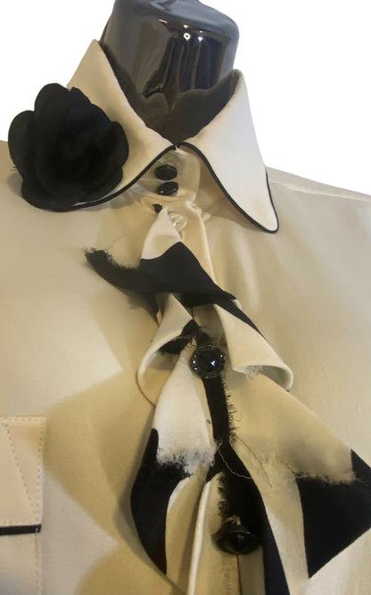 Chanel 08A Runway Silk Pleated Camellia Ecru Black Blouse FR 36