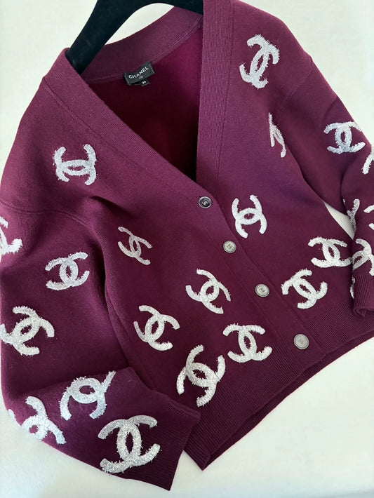Chanel 22A Burgundy Sequined Logo Cashmere Knit Cardigan
