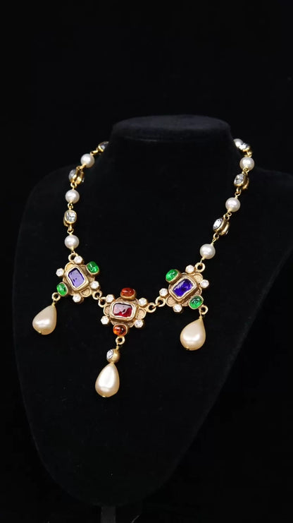 Chanel Red and Green Glass Pearl Pendant Necklace
