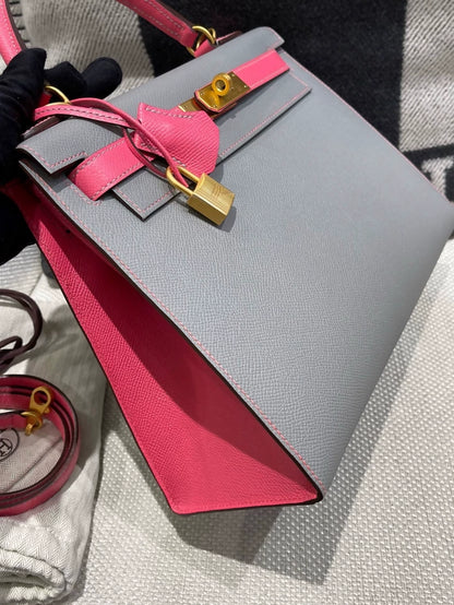 Hermes Kelly 28 Grey & Pink Epsom Leather with brushed gold hardware