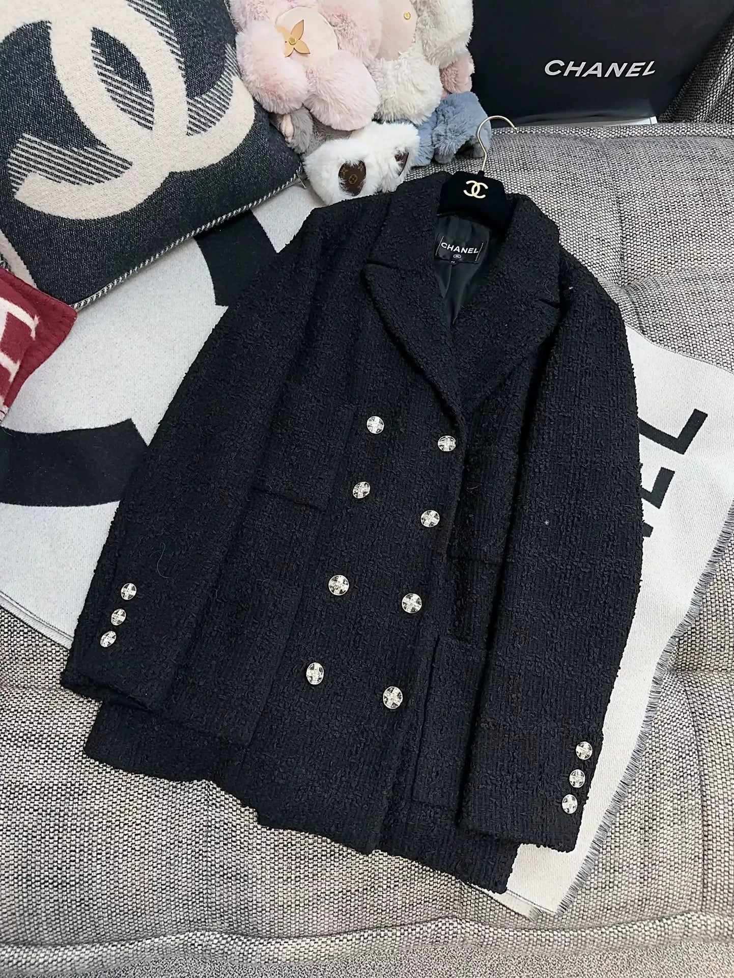 Chanel 23S black tweed crystal button jacket