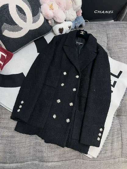 Chanel 23S black tweed crystal button jacket