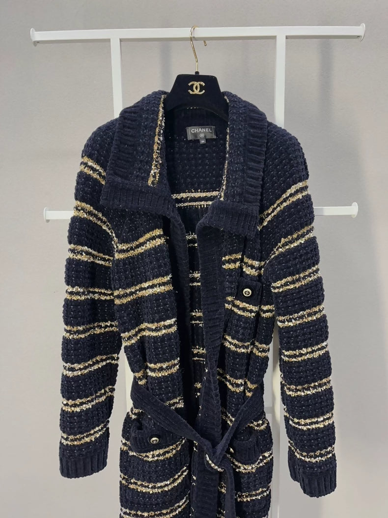 Chanel 20P Black and Gold Long Coat with Belt
