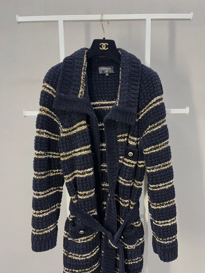 Chanel 20P Black and Gold Long Coat with Belt