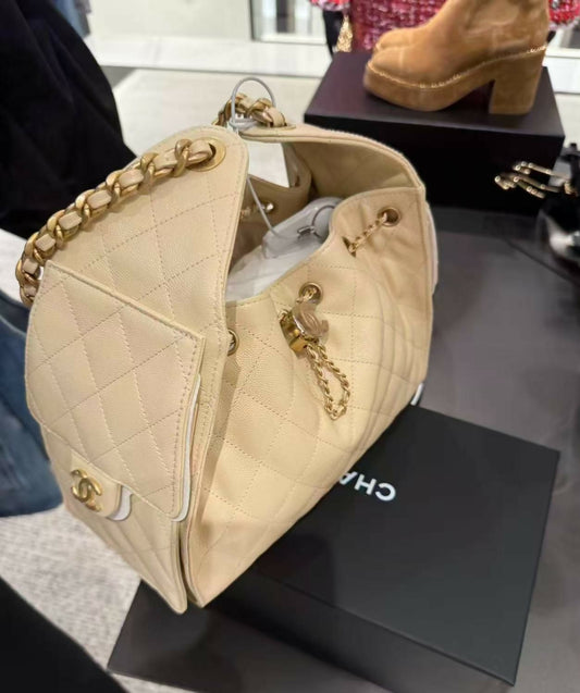 Chanel 2025 Grained Calfskin & Gold-Tone Beige Small Handbag