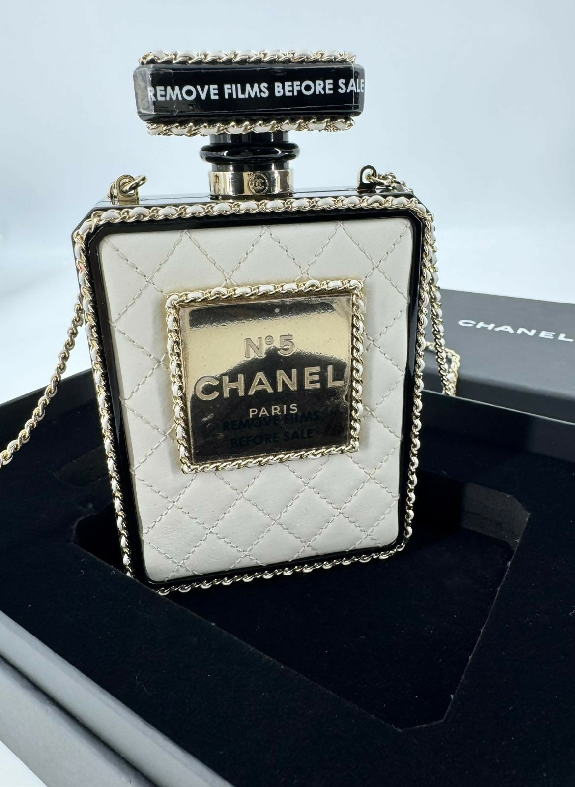 Chanel 22S Plexiglass Black Quilted Leather and White Perspex Perfume Bottle Minaudière Mini Flap Bag