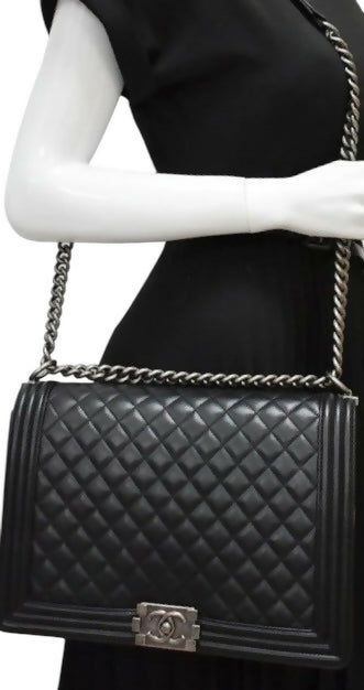 Chanel Black Large Maxi Quilted Lambskin Leather Boy Crossbody Bag