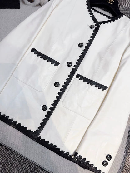 Chanel 21C Off-White Lambskin Leather Jacket with Black Trim