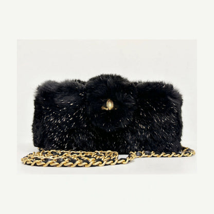 Chanel Black Rabbit Fur Chain Clutch with Gold CC Logo