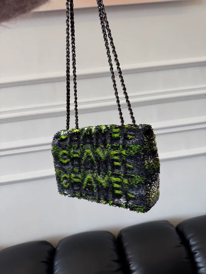 Mini Chanel CF bag with gradient neon green lettering and sequins
