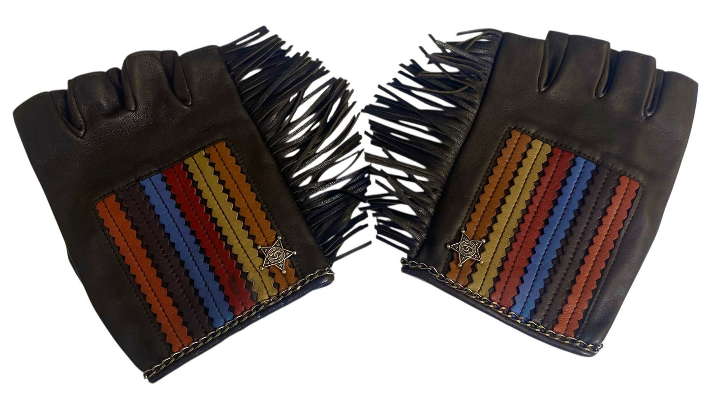 Rare Chanel 14A Paris Dallas Dark Brown Multicolor Gloves 8