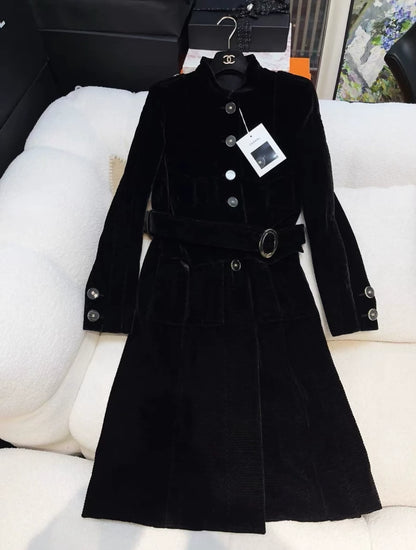 Chanel black velvet long coat