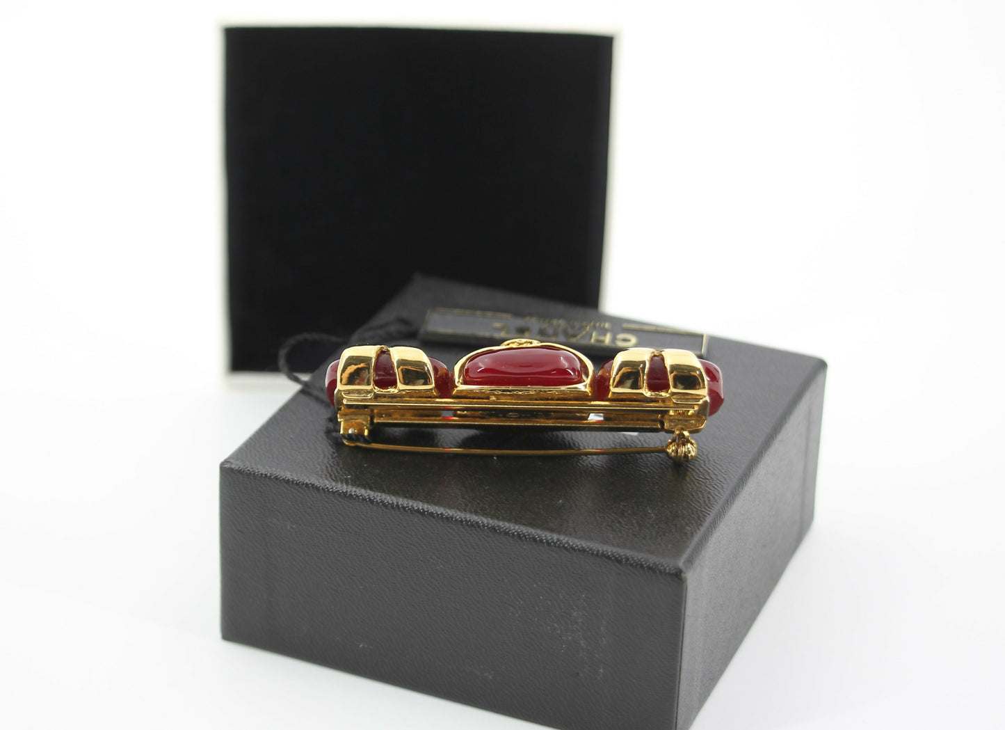 Chanel Vintage 94P Gripoix Red CC Gold Plated Rectangular Cross Brooch