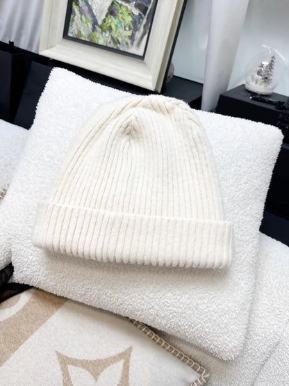 Chanel 22B Cream White Cashmere Sequined Logo Beanie