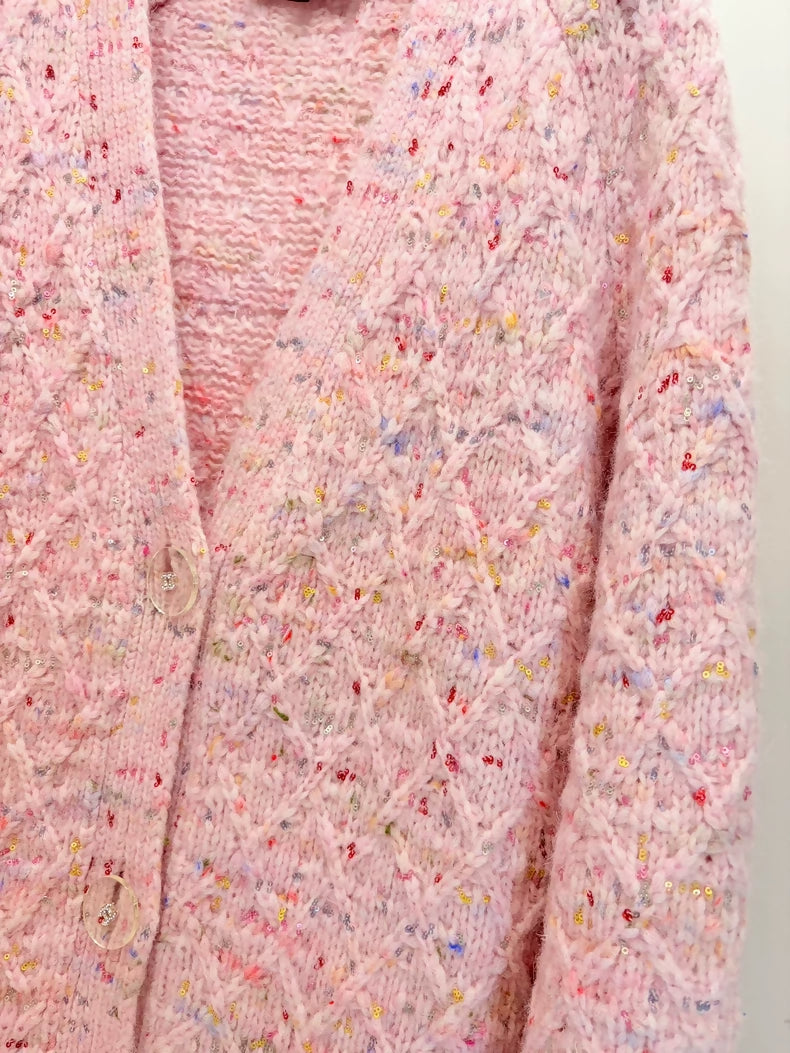 Chanel 17A pink cashmere tweed cardigan
