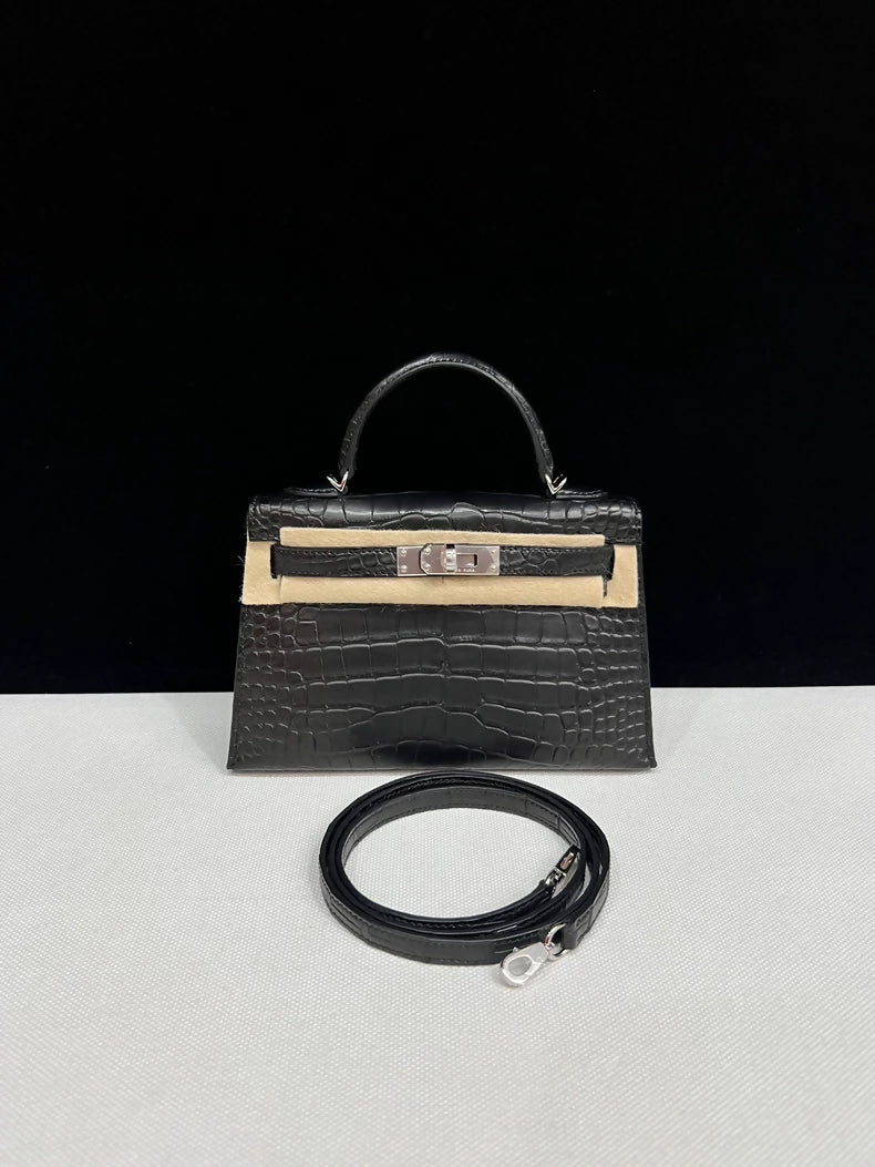Hermes Mini Kelly 20 black matte alligator palladium hardware